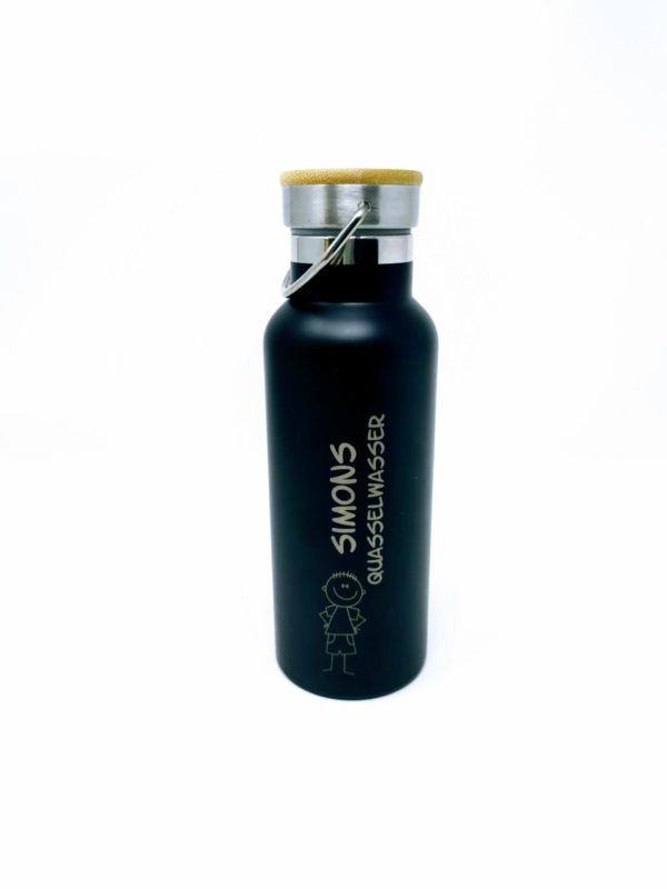 Isolierflasche Isoflasche schwarz mit Holzdeckel Gravur Namen Symbol 500ml