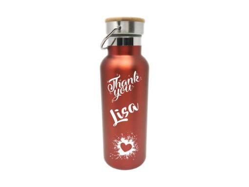 Personalisierte Isoflasche mit Gravur und Holzdeckel selbst gestalten rot