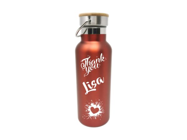 Personalisierte Isoflasche mit Gravur und Holzdeckel selbst gestalten rot