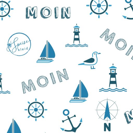 Speisekleid Bienenwachstuch "Moin" mit Anker, Segelboot, Leuchtturm, Kompass, Möwe. Motiven