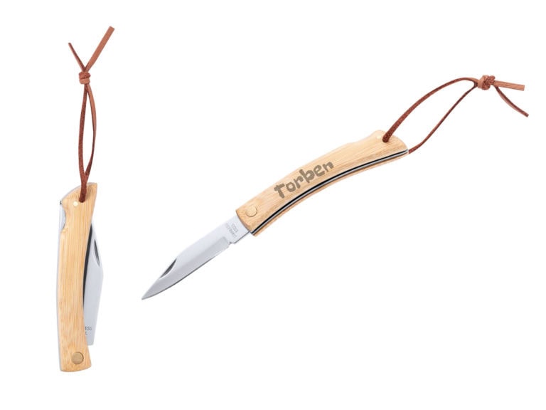 Taschenmesser mit Gravur und Lederband Bambus Edelstahl